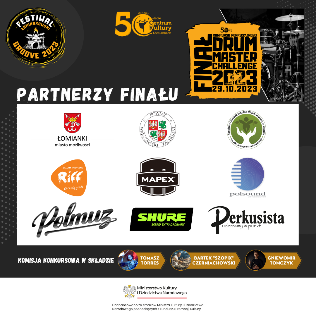 Na szarym tle znajduje się logotyp festiwalu, centrum kultury w łomiankach oraz finału konkursu. Na białym tle, nad którym jest napis partnerzy finału są logotypy gminy łomianki, powiatu warszawskiego zachodniego, specjalnego ośrodka szkolno-wychowawczego w lesznie, salonów muzycznych riff, mapex polska, polsound, polmuz drums, shure oraz magazynu perkusista. Na samy dole są zdjęcia członków komisji wraz z ich imieniem i nazwiskiem oraz logotyp Ministerstwa Kultury i Dziedzictwa Narodowego.